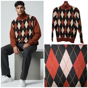 Paul‎ Jones Mens Argyle Turtleneck Sweater Orange Hunter Green Sz M